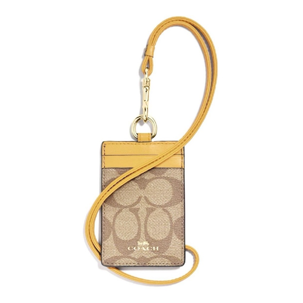 Coach Logo ID Card Holder Lanyard Necklace Golden Yellow and Tan